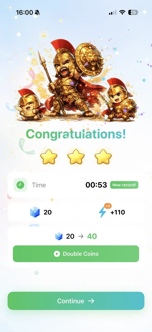 Cerebrum victory screen with 3 stars and Roman avatar characters