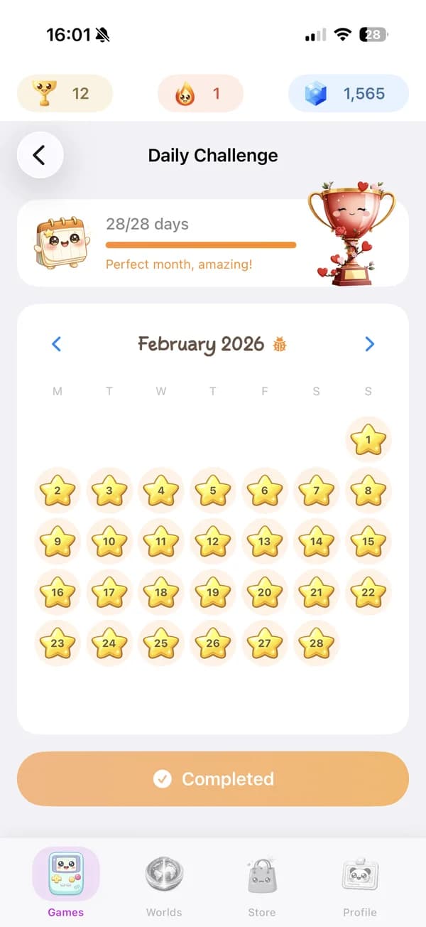 Cerebrum Daily Challenge calendar with 28 out of 28 days completed