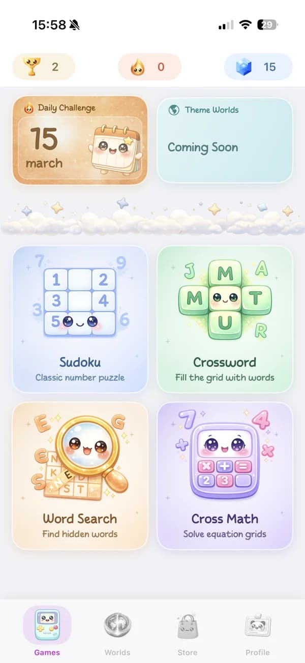 Cerebrum main screen showing Sudoku, Crossword, Word Search, and Cross Math games