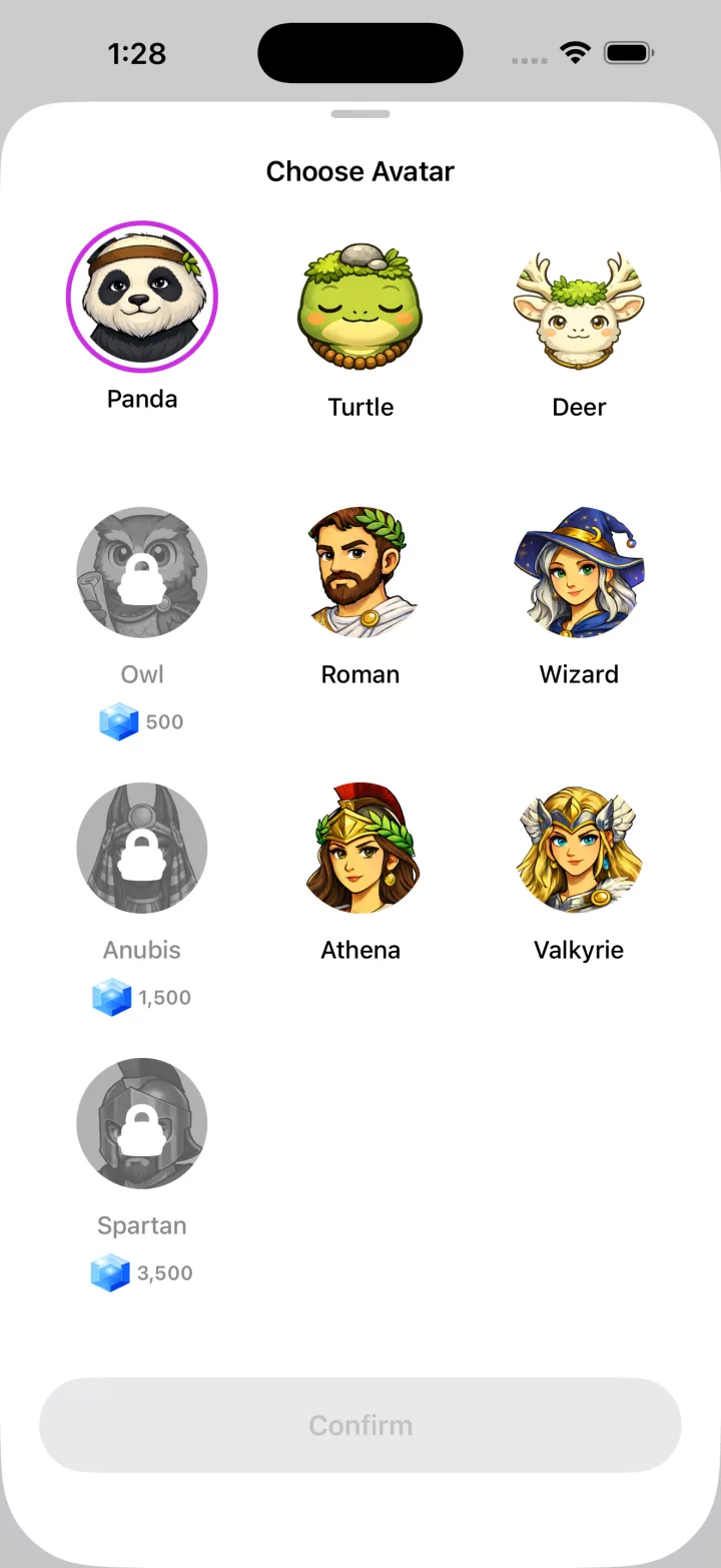 Cerebrum avatar selection with Panda, Turtle, Deer and more characters