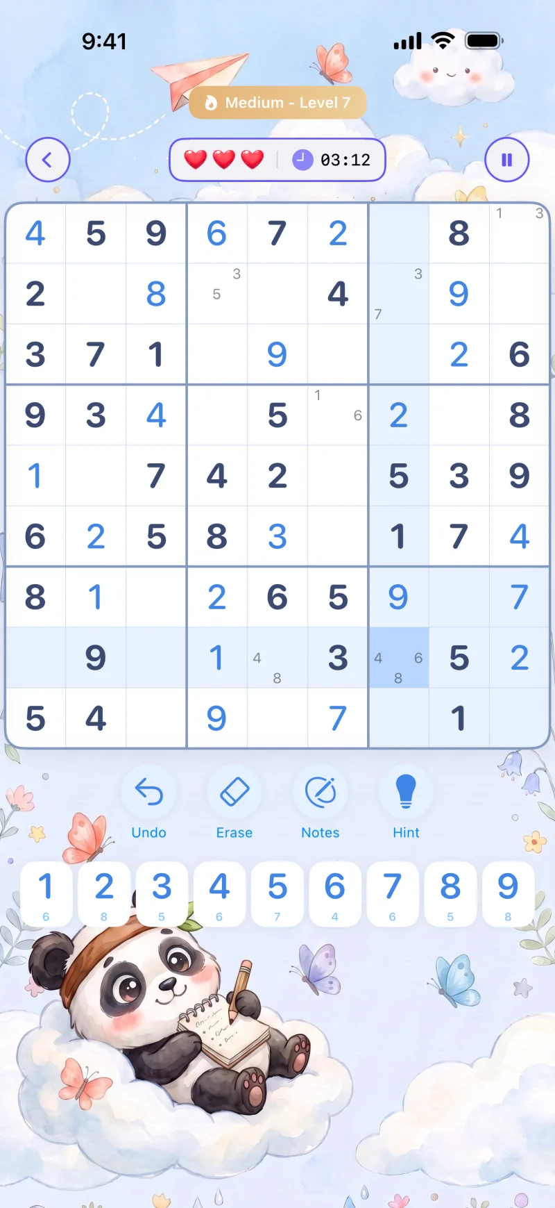 Sudoku in Cerebrum, Medium level: a 9×9 grid with three hearts and a timer above it, and the Undo, Erase, Notes and Hint buttons and the 1 to 9 digit pad below